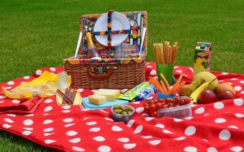 Photographie : aliments, boissons, panier, posés sur l'herbe pour un pique-nique